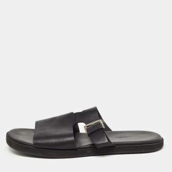 Pre Owned Hermes Black Leather Double Strap Slides Size 43