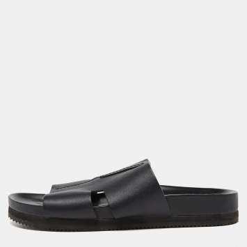 Pre Owned Hermes Black Leather Slides Size 44.5 