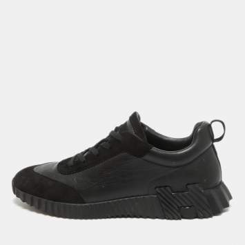 Pre Owned Hermes Black Leather and Suede Bouncing Sneakers Size 44.5