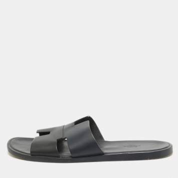 Hermes Navy Blue/Black Leather Izmir Slides Size 44