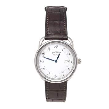 Pre Owned Hermes Silver Stainless Steel Leather Arceau AR5.710A Men's Wristwatch 38 mm