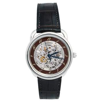 Pre Owned Hermes Skeleton Stainless Steel Alligator Arceau Squelette AR6.710a Men's Wristwatch 41 mm