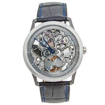 Pre Owned Hermes Grey Skeleton Titanium Platinum Alligator Leather Slim d'Hermes Squelette Lune W053606WW00 Men's Wristwatch 39.50 mm