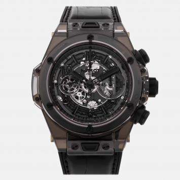 Pre Owned Hublot Big Bang Unico All Black Sapphire 411.JB.4901.RT Automatic Sapphire Skeleton Dial Men's Wristwatch 45mm