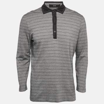 Pre Owned Boss by Hugo Boss Grey Striped Jersey Long Sleeve Polo T-Shirt L