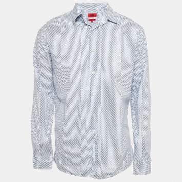 Hugo Boss White/Blue Printed Cotton Slim Line Shirt L