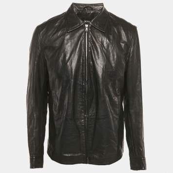 Pre Owned Boss by Hugo Boss Black Leather Zip-Up Jacket XL