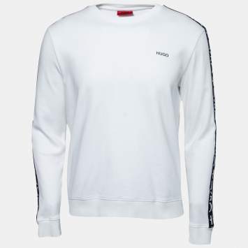 Pre Owned Hugo Boss White Cotton Logo Tape Trimmed Crewneck Sweatshirt M