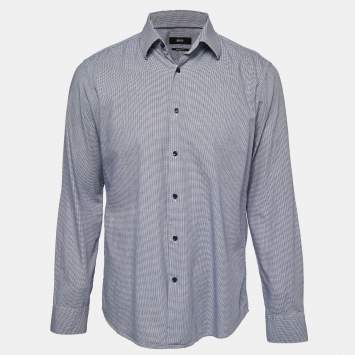 Pre Owned Boss By Hugo Boss Navy Blue Checked Cotton Regular Fit Shirt L