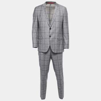 Pre Owned Hugo Boss Grey Check Patterned Wool Suit XL