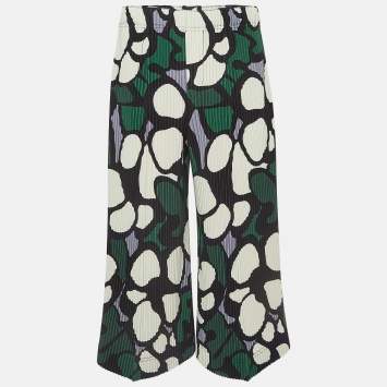 Pre Owned Issey Miyake Homme Plisse Green Printed Stretch Crepe Pleated Trousers M