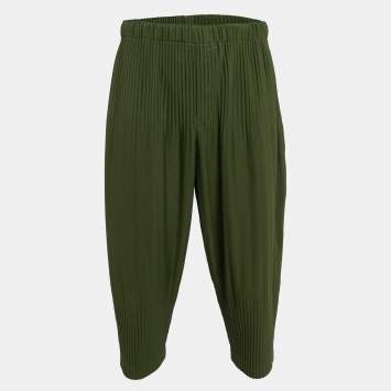 Pre Owned Issey Miyake Homme Plisse Olive Green Knit Pleated Trousers S