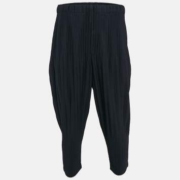 Pre Owned Issey Miyake Homme Plisse Navy Blue Knit Pleated Trousers S