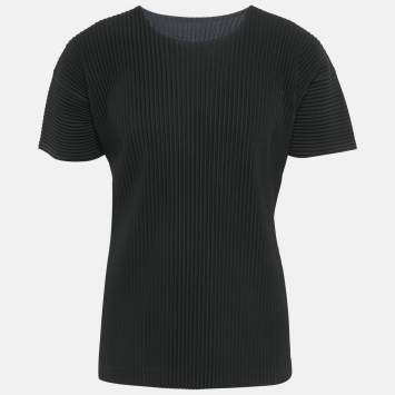 Pre Owned Issey Miyake Homme Plisse Black Plisse Round Neck T-Shirt L