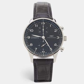 Pre Owned IWC Schaffhausen Black Stainless Steel Alligator Leather Portugieser IW371447 Men's Wristwatch 40.90 mm