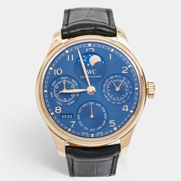 Pre Owned IWC Schaffhausen Blue 18K Rose Gold Alligator Leather Portugieser Perpetual Calendar Boutique Edition IW503312 Men's Wristwatch 44.20 mm