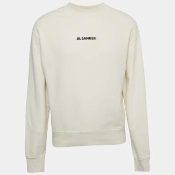 Pre Owned Jil Sander Beige Logo Print Cotton Crewneck Sweatshirt M