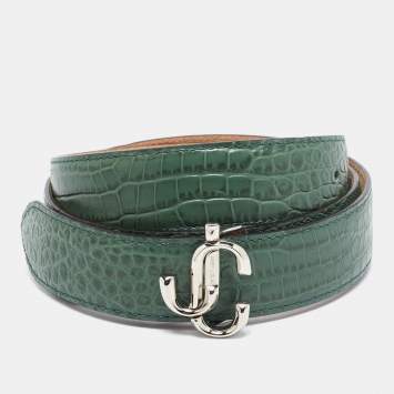Pre Owned Jimmy Choo Green Croc Embossed Leather JC Logo Belt 90CM