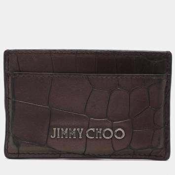 Pre Owned Jimmy Choo Metallic Purple Croc Embossed Leather Card Holder