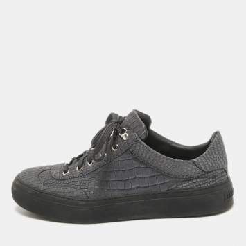 Pre Owned Jimmy Choo Grey Croc Embossed Leather Lace Up Sneakers Size  44.5
