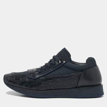 Pre Owned Jimmy Choo Navy Blue Canvas and Croc Embossed Leather Jett Sneakers Size 41.5