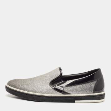 Jimmy Choo Black/Silver Patent Leather and Glitter Slip On Sneakers Size 44