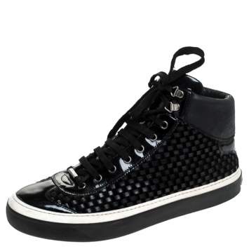 Pre Owned Jimmy Choo Black Woven Leather Argyle High Top Sneakers Size 42
