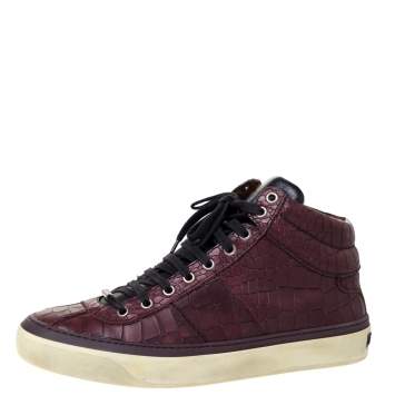 Pre Owned Jimmy Choo Burgundy Croc Embossed Leather Belgravia High Top Sneakers Size 42