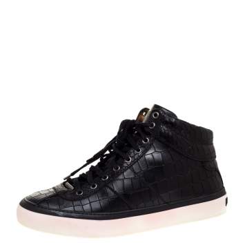 Pre Owned Jimmy Choo Black Croc Embossed Leather Belgravia High Top Sneakers Size 44