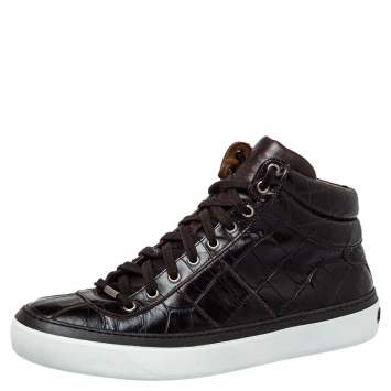 Pre Owned Jimmy Choo Brown Crocodile Embossed Leather Belgravia High Top Sneakers Size 43