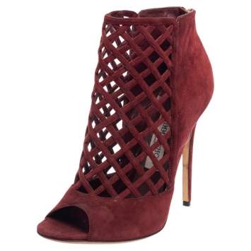 Pre Owned  Jimmy Choo Burgundy Suede Drift Cutout Peep-Toe Booties Size 39