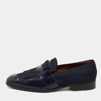 Pre Owned Jimmy Choo Navy Blue Leather and Denim Loafers  Size 41