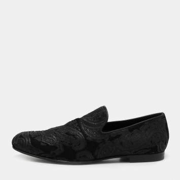 Pre Owned Jimmy Choo Black Jacquard Fabric and Tweed Smoking Slippers Size 41