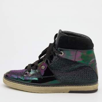 Pre Owned Jimmy Choo Black/Iridescent Patent Leather and Glitter Fabric Barlowe High Top Sneakers Size 42.5