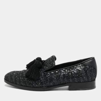 Jimmy Choo Black Coarse Glitter Foxley Smoking Slippers Size 39