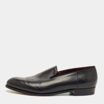 Pre Owned J.M.Weston Black Leather Slip On Smoking Slippers Size 46