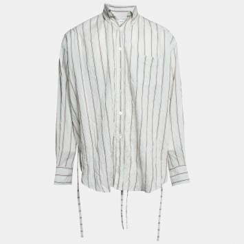 Pre Owned John Elliott Grey Pinstripe Cotton Crinkle Shirt M