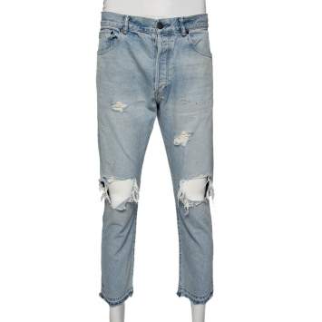Pre Owned John Elliott Blue Denim Painted Detail Distressed Cropped Jeans M