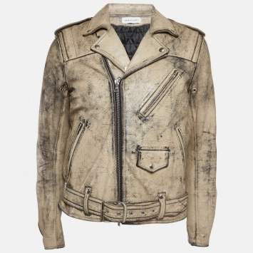 Pre Owned John Elliott X Blackmeans Beige Distress Ivory Paint Leather Riders Jacket XL