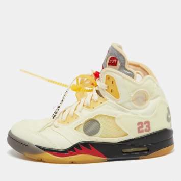 Pre Owned Off White x Air Jordan Cream Mesh Air Jordan 5 Retro Sail High Top Sneakers Size 41