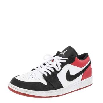 Pre Owned Air Jordan Black-Red Leather Bred Toe Low Top Sneakers Size 47