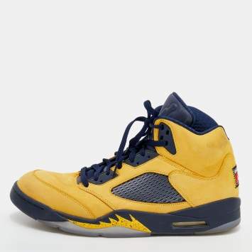Pre Owned Jordan Yellow/Blue Leather Air Jordan 5 Retro Michigan High Top Sneakers Size 47