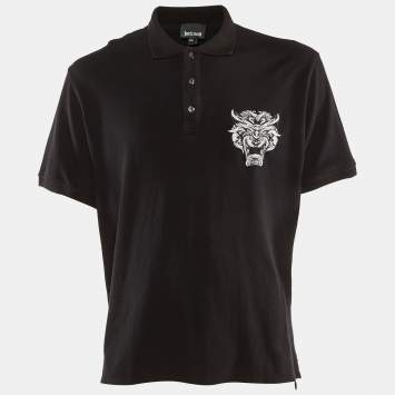 Just Cavalli Black Cotton Pique Embroidered T-Shirt XXL