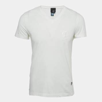 Pre Owned Just Cavalli White Logo Embroidered Jersey Fitted T-Shirt L