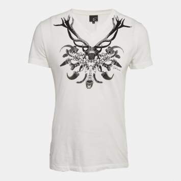 Pre Owned Just Cavalli White Printed Jersey V-Neck T-Shirt L