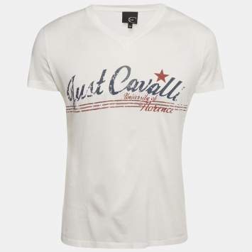 Pre Owned Just Cavalli White Printed Jersey V-Neck T-Shirt M