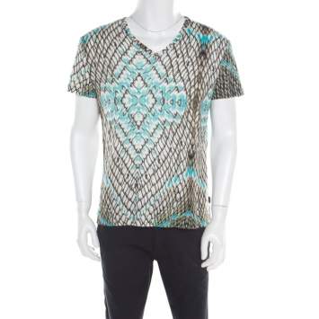 Pre Owned Just Cavalli Multicolor Snakeskin Print Cotton Blend V Neck T- Shirt XXL