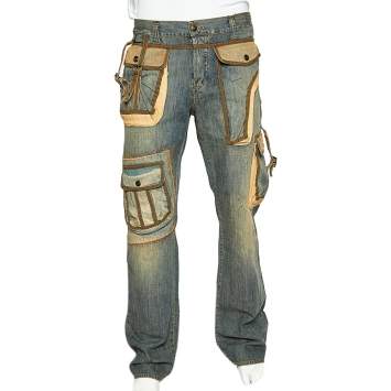 Pre Owned Just Cavalli Blue Washed Out Denim Cargo Pocket Detail Distressed Jeans XL