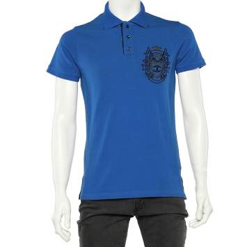 Pre Owned Just Cavalli Blue Logo Embroidered Cotton Pique Polo T-Shirt M