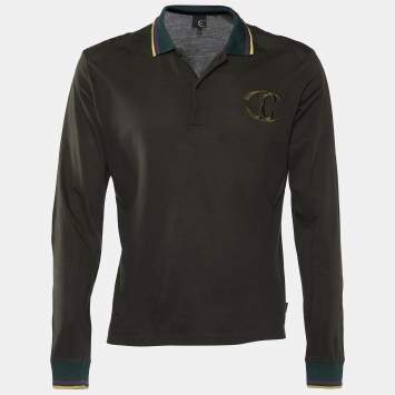 Pre Owned Just Cavalli Olive Green Cotton Pique Long Sleeve Polo T-Shirt L